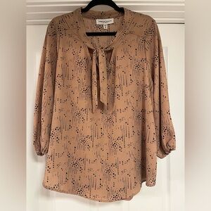 NWT Tempted Hearts Tan Blouse with Black Dot Print and Tie Neck